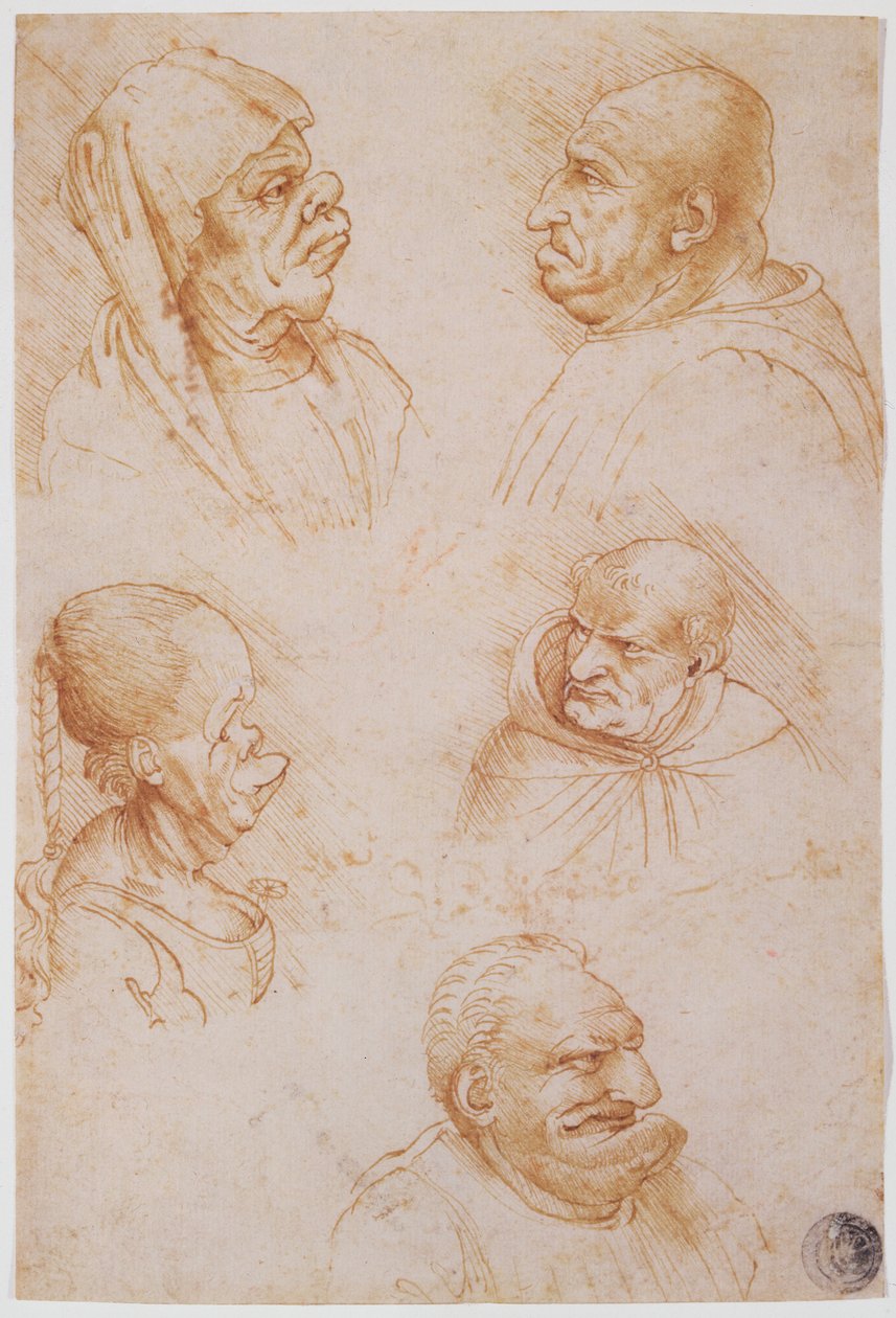 Viisi tutkimusta groteskikasvoista (punainen liitu paperille) tekijältä Leonardo da Vinci