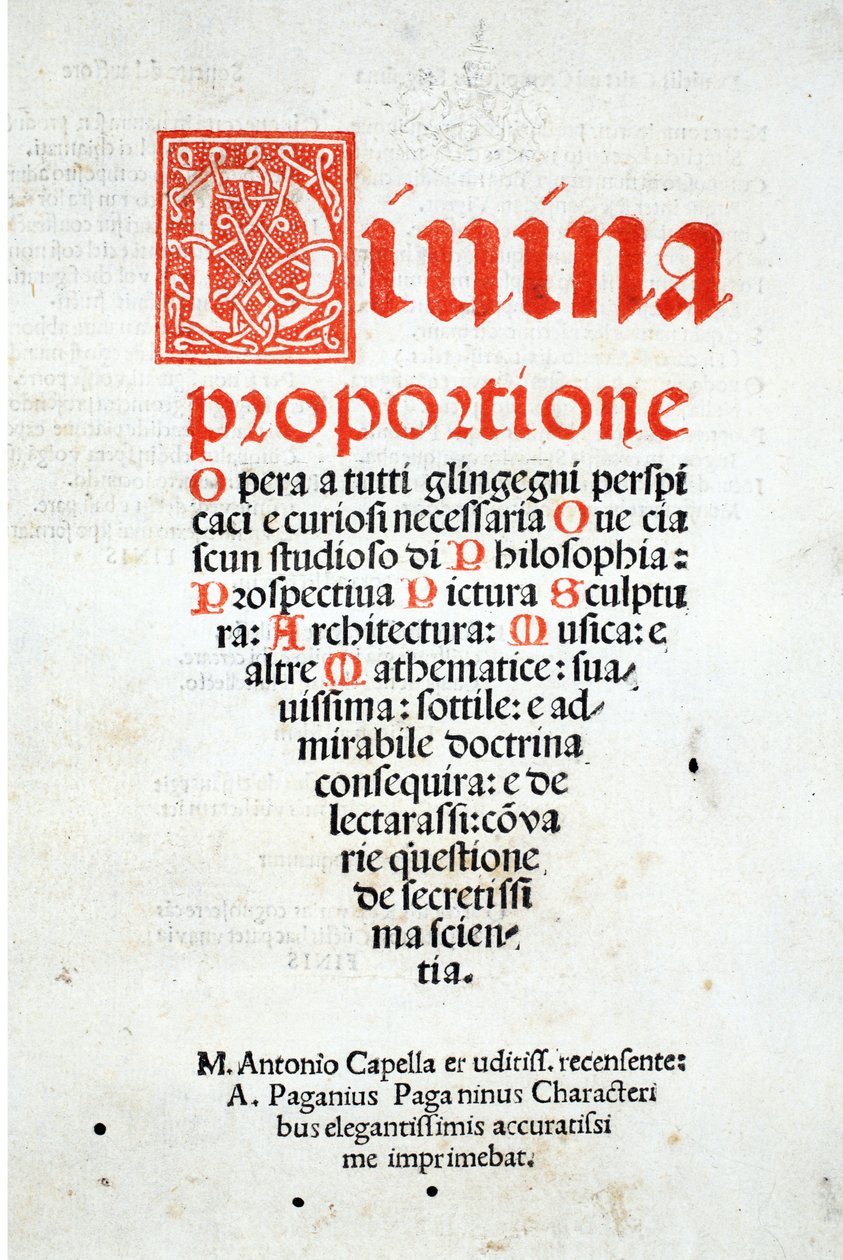 Etukappale, Luca Paciolin (n. 1445-1517) "Divina Proportionesta", alunperin pub. Venetsia, 1509 tekijältä Leonardo da Vinci