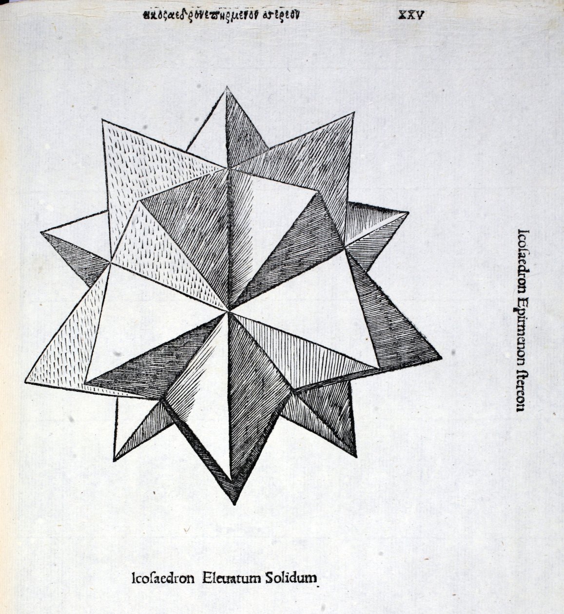 Icosaedron elevated solidus, kuvitus "Divine Proportion":sta, kirjoittaja Luca Pacioli (n.1445-1517), alunperin pub. Venetsia, 1509 tekijältä Leonardo da Vinci