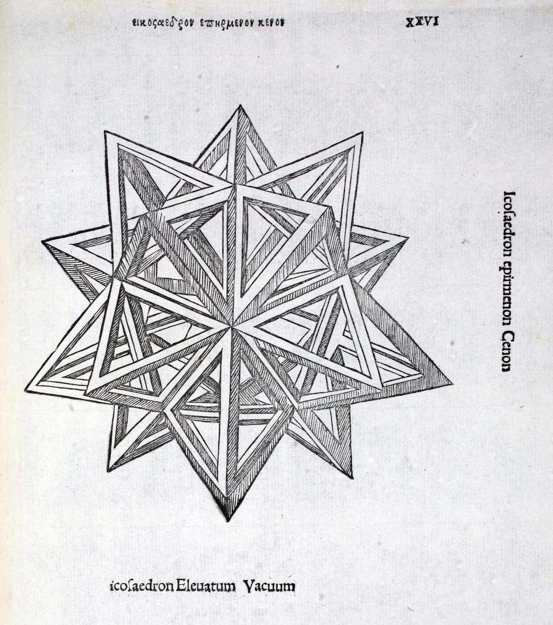 Icosaedron korotettu tyhjiö, kuvitus "Divine Proportion":sta, kirjoittaja Luca Pacioli (n. 1445-1517), alunperin pub. Venetsia, 1509 tekijältä Leonardo da Vinci