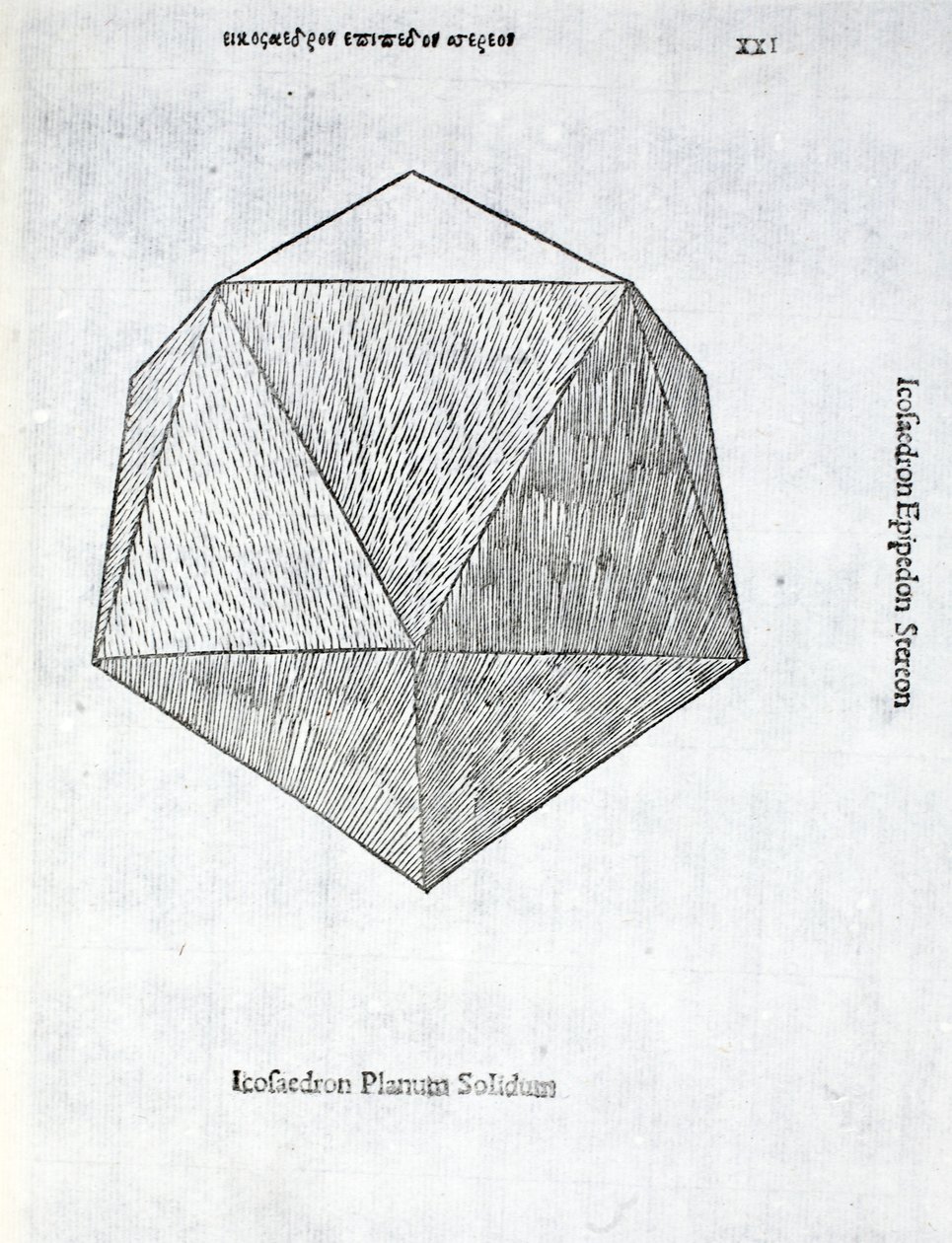 Icosaedron kiinteä taso, kuvitus "Divine Proportion":sta Luca Pacioli (n.1445-1517), alunperin pub. Venetsia, 1509 tekijältä Leonardo da Vinci