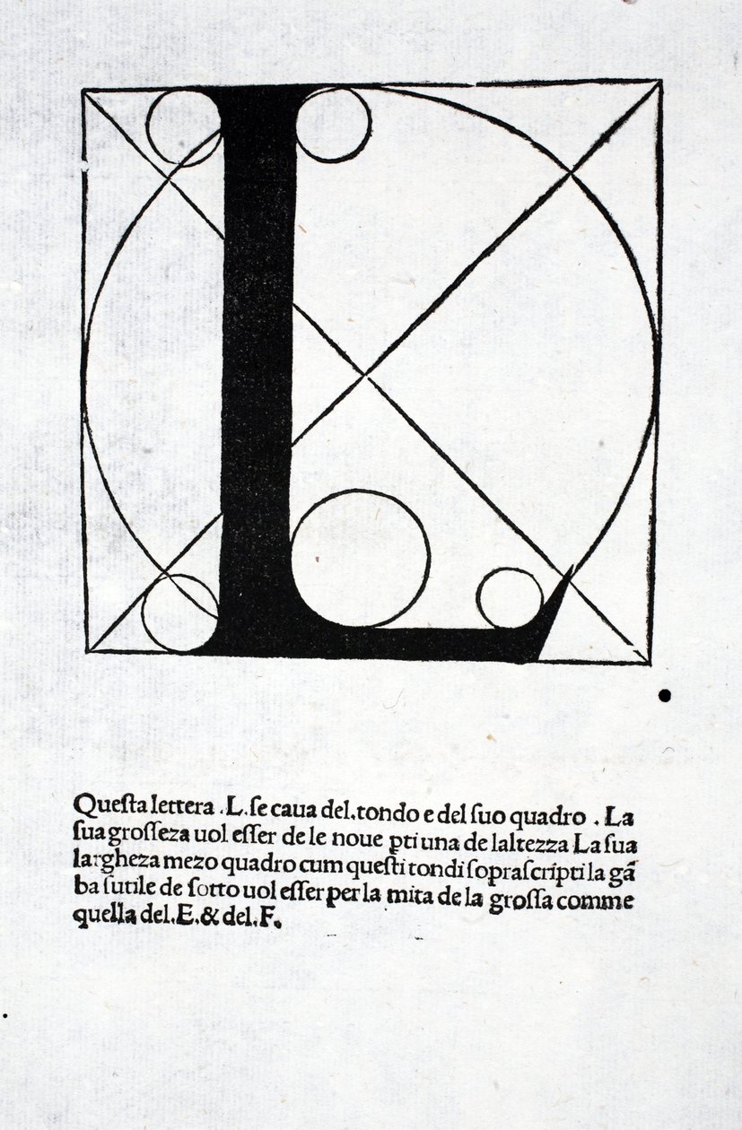 L, kuvitus "Divina Proportionesta", kirjoittaja Luca Pacioli (n. 1445-1517), alunperin pub. Venetsia, 1509 tekijältä Leonardo da Vinci