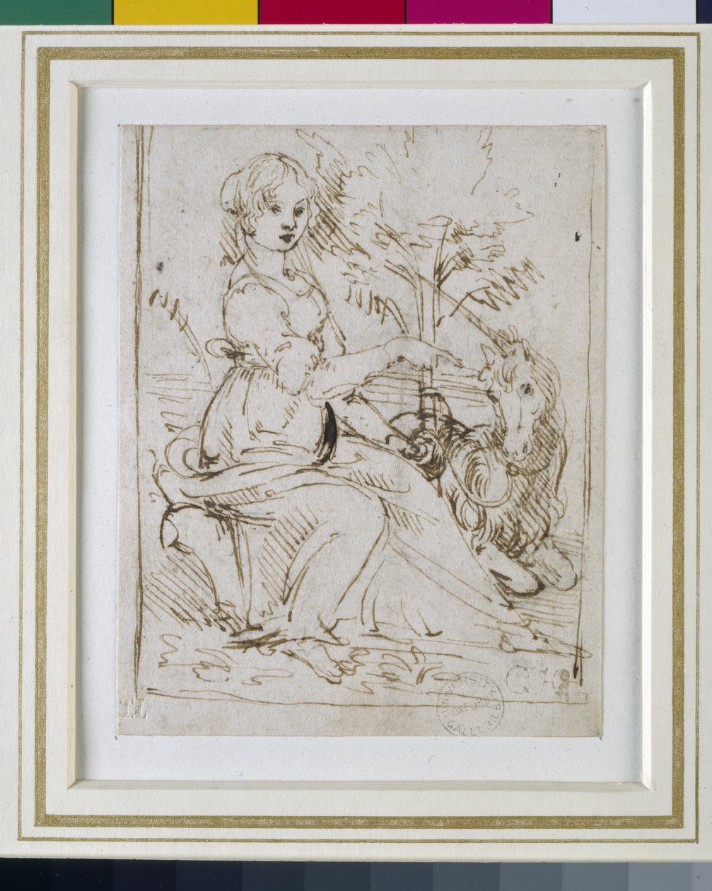 Nainen yksisarvisen kanssa, n. 1480 (kynä ja tummanruskea muste) tekijältä Leonardo da Vinci