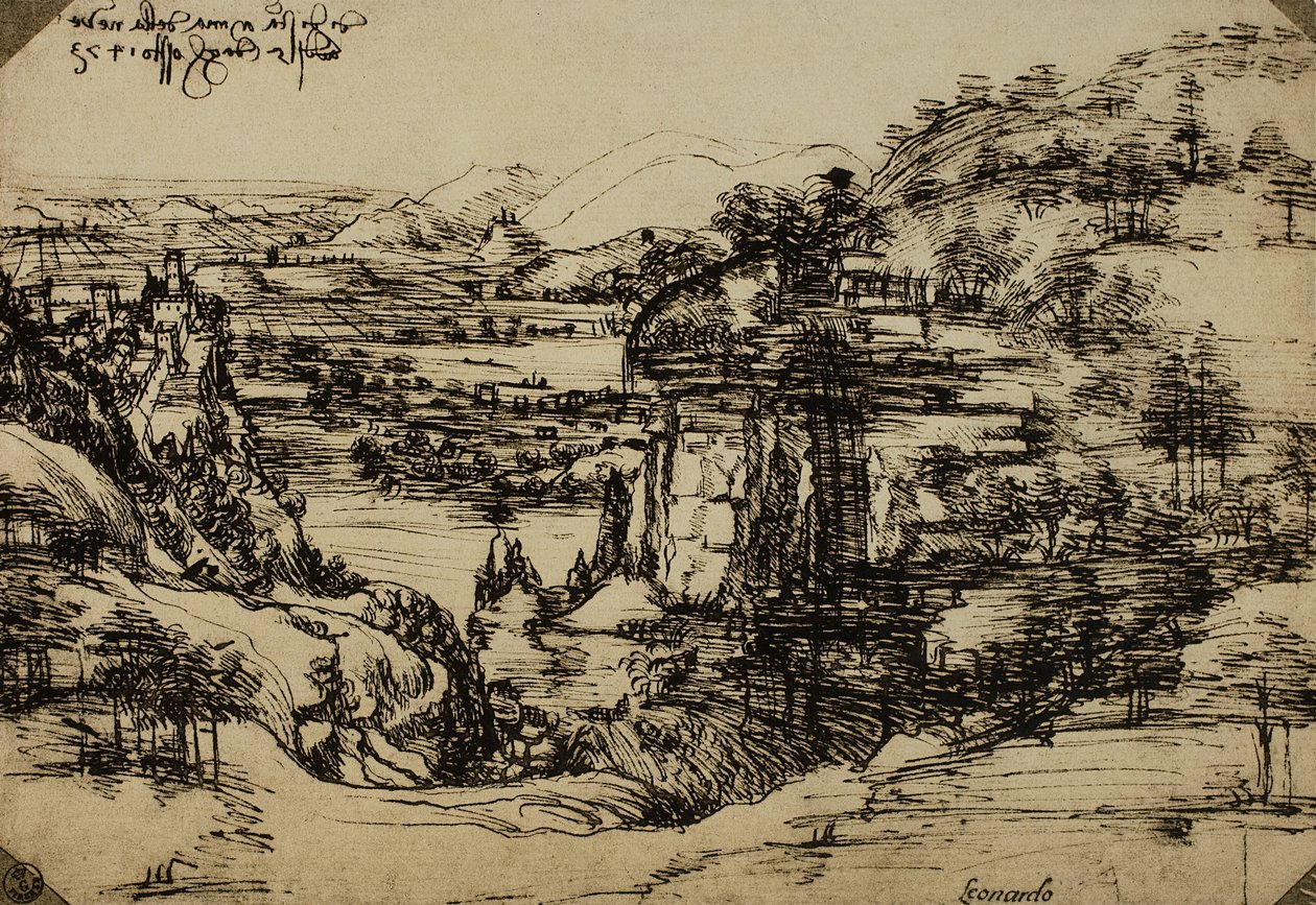 Arnon laakson maisema, kynä paperille, Leonardo da Vinci (1452-1519), Piirustus- ja grafiikkakaappi, Uffizi-galleria, Firenze tekijältä Leonardo da Vinci