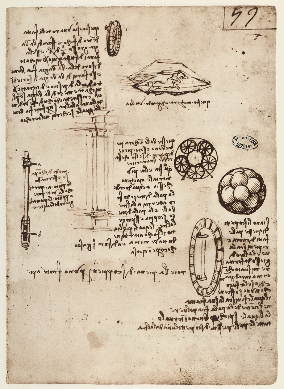 MS B 2173 f.59r, sotilasaseiden tutkimus, 1488-90 tekijältä Leonardo da Vinci
