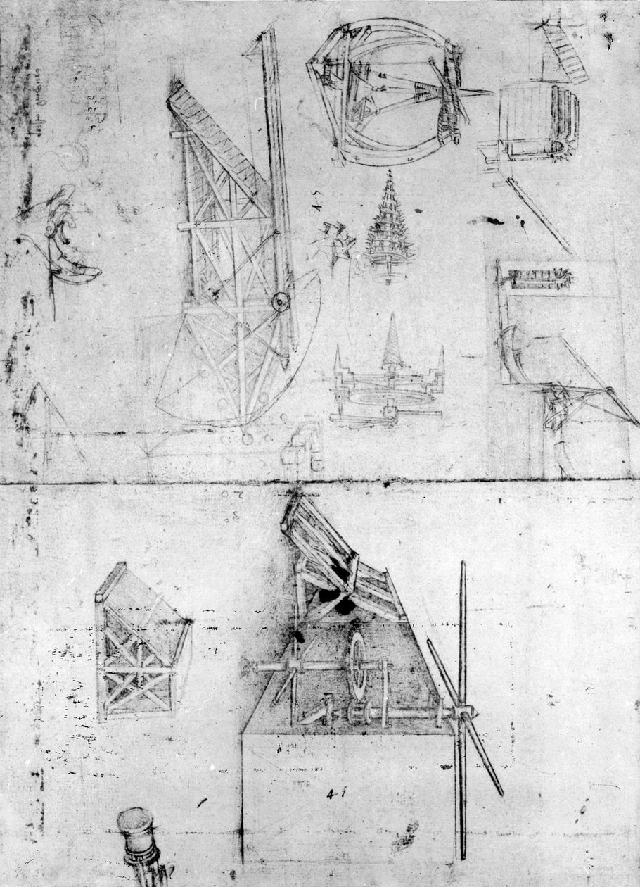 Konesuunnittelut, fol. 394v (kynä ja muste paperille) tekijältä Leonardo da Vinci