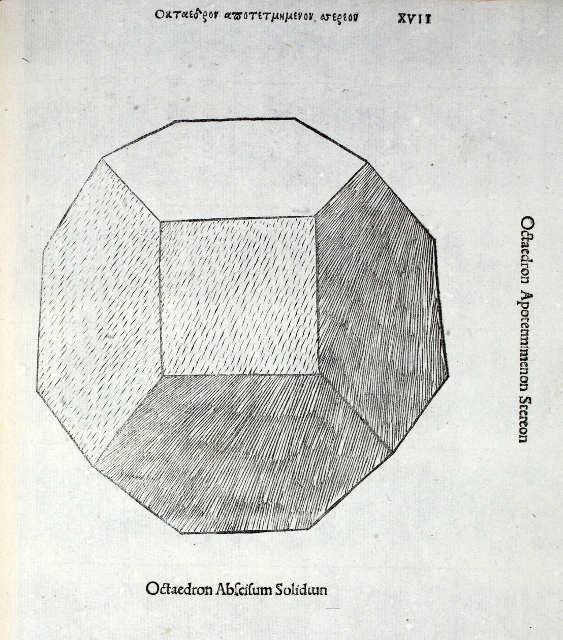 Octocedron leikattu kiinteä, kuvitus "Divine Proportion" kirjoittaja Luca Pacioli (n. 1445-1517), alunperin pub. Venetsia, 1509 tekijältä Leonardo da Vinci