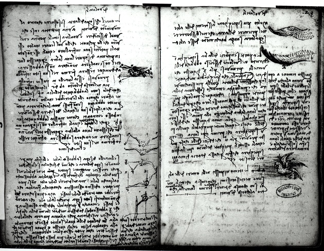 Pariisin käsikirjoitus E, fol. 22v ja 23r: Luonnos lintujen lennosta, 1513-14. tekijältä Leonardo da Vinci