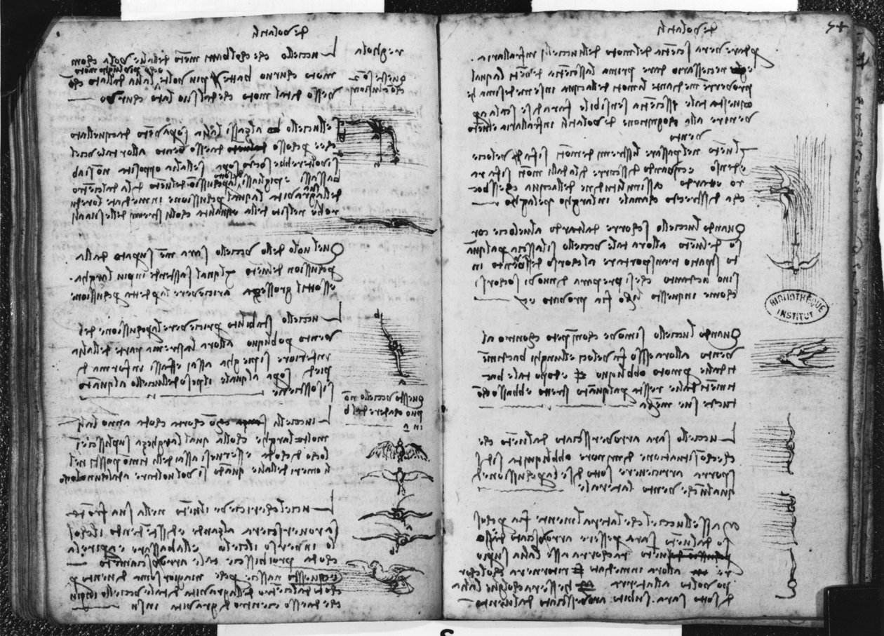 Pariisin käsikirjoitus E, fol. 53v ja 54r: Lintujen lentoa kuvaava luonnos, 1513-14 (kynä ja muste paperille) tekijältä Leonardo da Vinci
