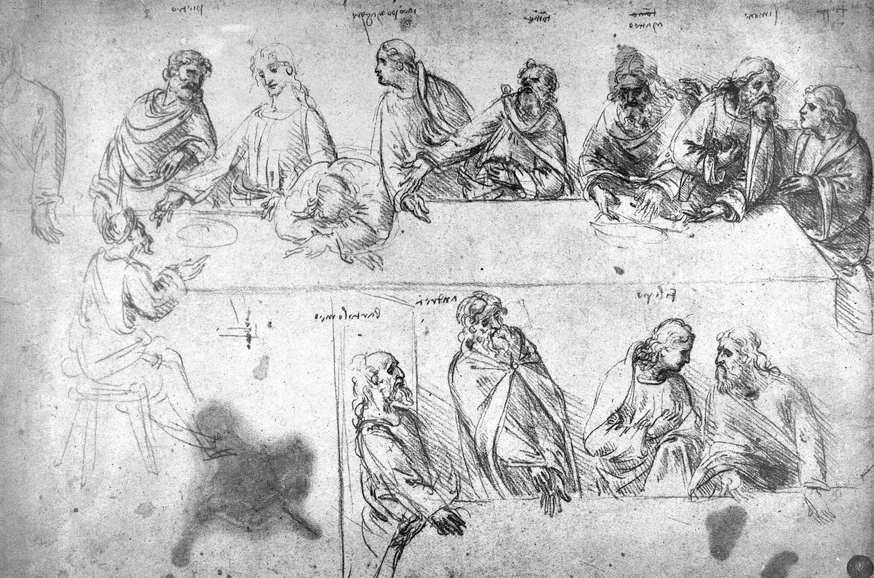 Valmisteleva piirustus viimeistä ehtoollista varten (seepiamuste pellavapaperille) tekijältä Leonardo da Vinci