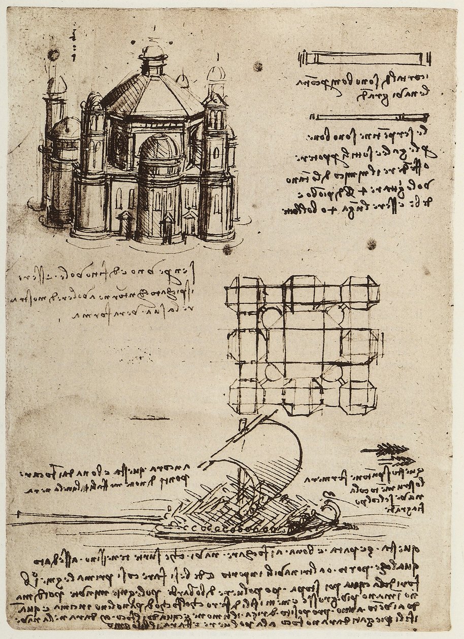 Projekti keskiakselille rakennetusta kirkosta ja veneestä, jossa on airot ja purjeet, piirustus Leonardo da Vinci, osa Codex B:tä (2173), n. 39v, sijaitsee Institut de Francessa, Pariisissa tekijältä Leonardo da Vinci