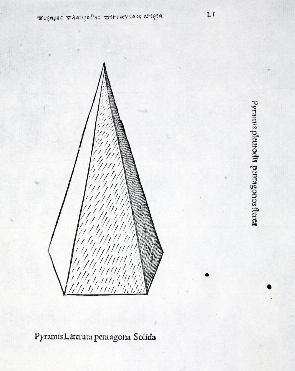 Kiinteä viisikulmainen pyramidi, kuvitus Luca Paciolin (n. 1445-1517) teoksesta "Divine Proportion", alunperin pub. Venetsia, 1509 tekijältä Leonardo da Vinci