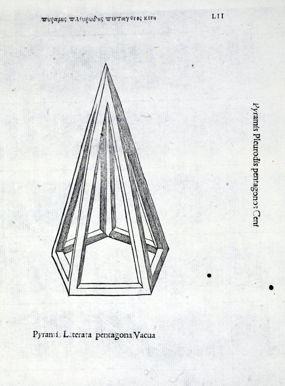Tyhjä viisikulmainen pyramidi, kuvitus Luca Paciolin (n. 1445-1517) "Divine Proportion" -kappaleesta, alun perin pub. Venetsia, 1509 tekijältä Leonardo da Vinci