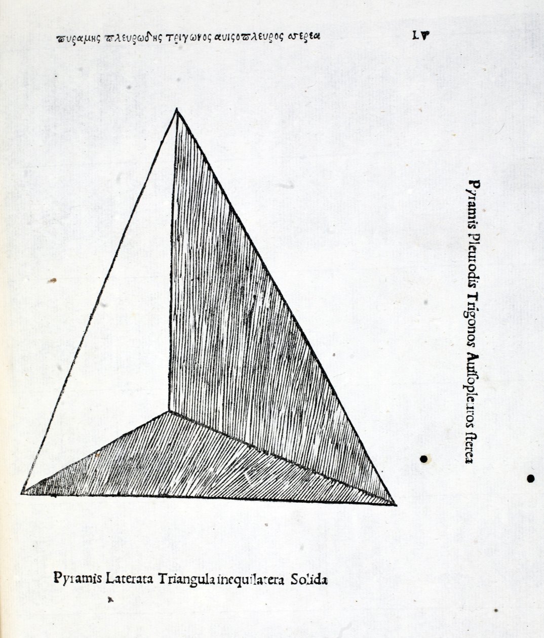 Kiinteiden tasasivuisten kolmioiden lateraalinen pyramidi, kuva Luca Paciolin (n. 1445-1517) teoksesta "Divine Proportion", alunperin pub. Venetsia, 1509 tekijältä Leonardo da Vinci
