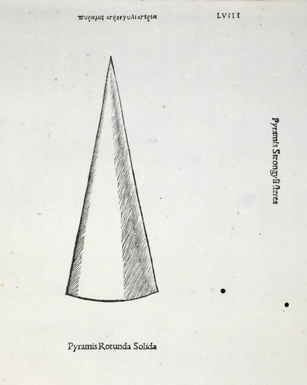 Kiinteä pyöreä pyramidi, kuvitus Luca Paciolin (n. 1445-1517) "Divine Proportionista", alun perin pub. Venetsia, 1509 tekijältä Leonardo da Vinci