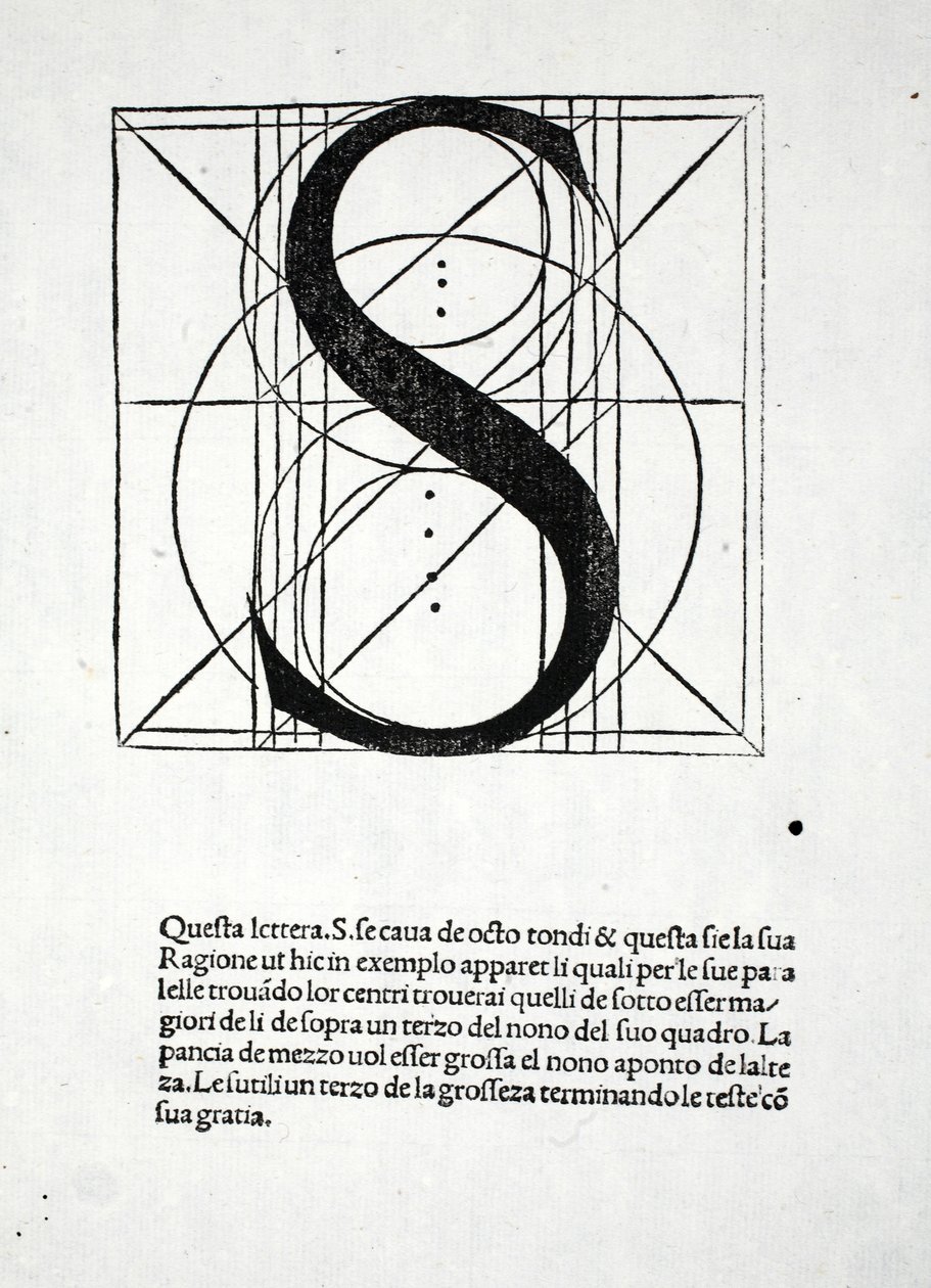 S, kuvitus Luca Paciolin (n. 1445-1517) teoksesta "Divina Proportione", alun perin julkaistu. Venetsia, 1509 tekijältä Leonardo da Vinci