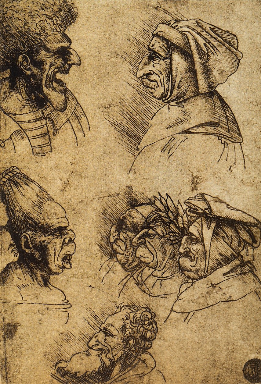 Seitsemän groteskia päätä; Leonardo da Vincin piirustus. Gallerie dellAccademia, Venetsia tekijältä Leonardo da Vinci