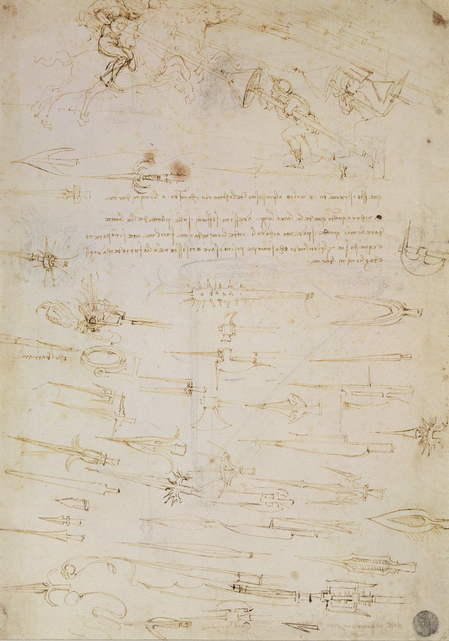 Tutkimusarkki jalkasotilaista ja ratsumiehistä taisteluissa ja halbardeja, 1485-1488 (kynä ja muste paperille) tekijältä Leonardo da Vinci
