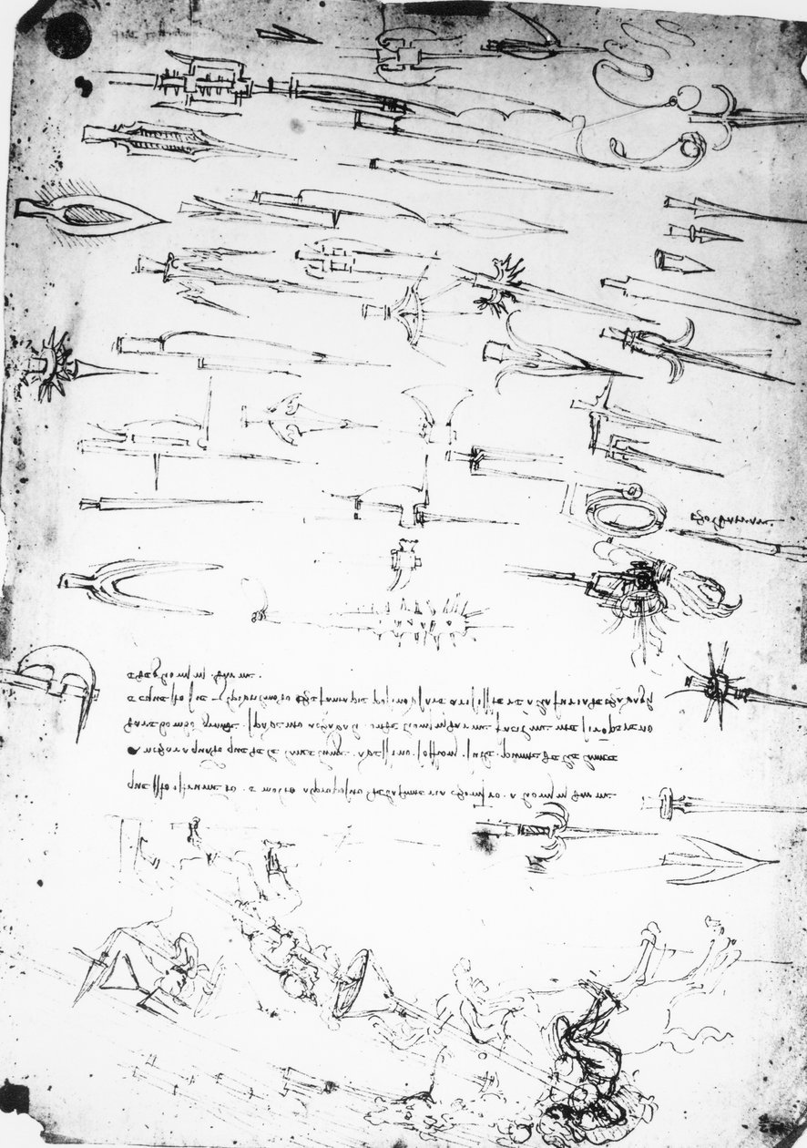 Tutkimusarkki jalkasotilaista ja ratsumiehistä taisteluissa ja alabardissa, 1485-1488 tekijältä Leonardo da Vinci