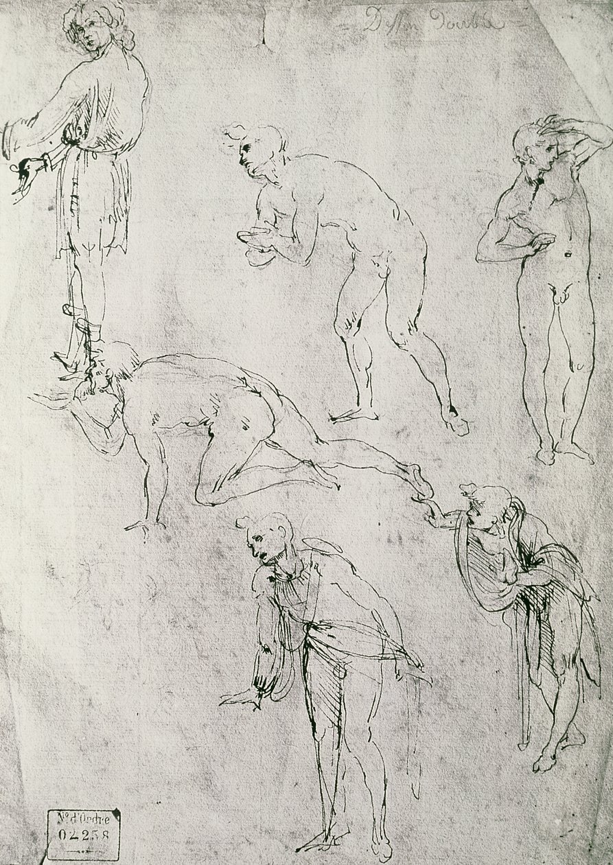 Kuusi hahmoa, opiskelu loppiaista varten (kynä ja muste paperille) tekijältä Leonardo da Vinci