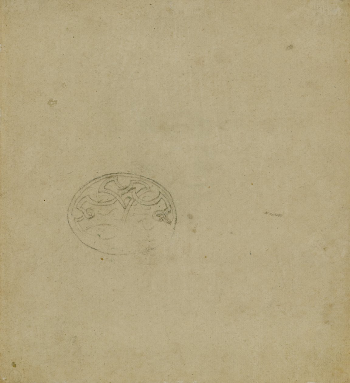 Luonnos koriste-aiheesta ovaalissa, n. 1483-1485? (kynä ja muste vaalealle okrapaperille) tekijältä Leonardo da Vinci