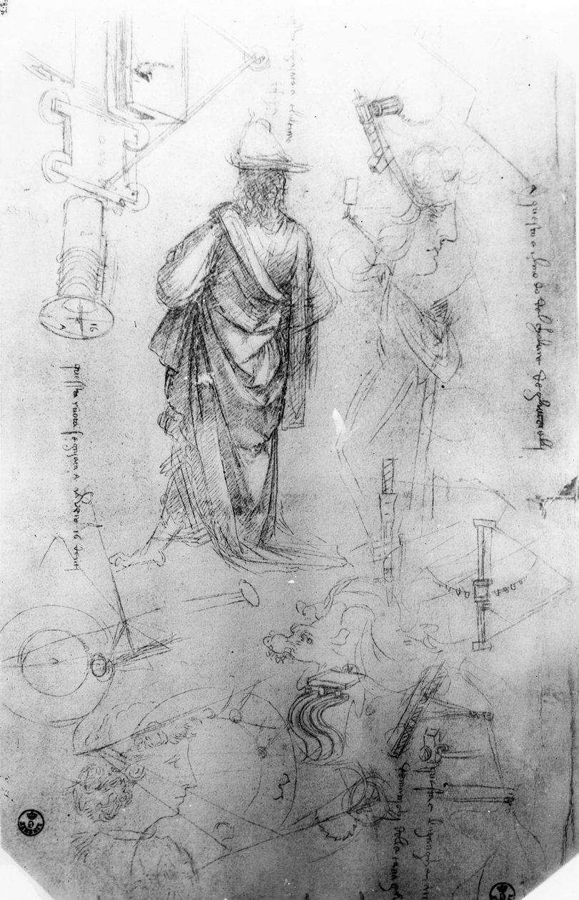 Tutkimuksia (tussi ja muste paperille) tekijältä Leonardo da Vinci