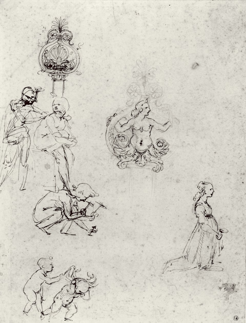 Studies of Figues and Decorations, n. 1480-1482 (kynä ja muste ja metallikärki) tekijältä Leonardo da Vinci