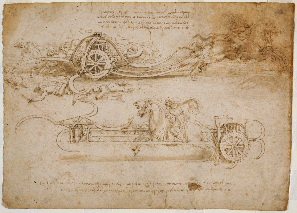 Tutkimukset rynnäkköpanssarivaunuista viikateilla, c. 1485 (kynä ja ruskea muste, jossa on metallikärjen jälkiä paperilla) tekijältä Leonardo da Vinci