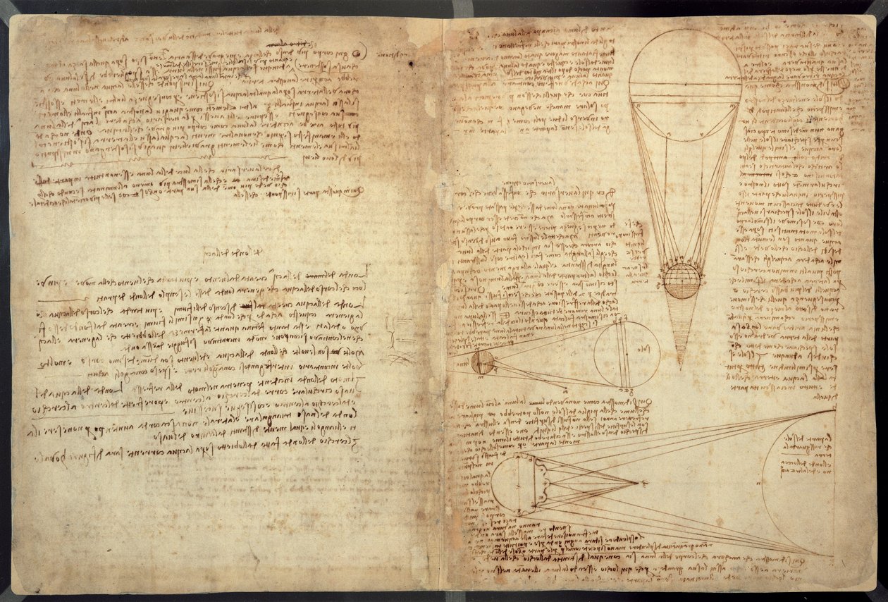 Tutkimuksia kuun valaistuksesta, sivu Codex Leicesteristä, 1508-12 (seepiamuste pellavapaperille) tekijältä Leonardo da Vinci