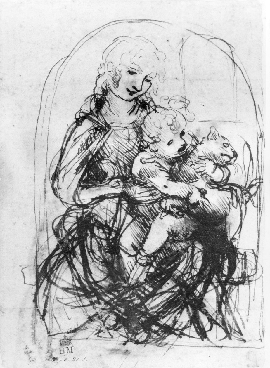 Tutkimus Madonna kissan kanssa, n. 1478-1480 (kynä ja muste kynällä paperille) tekijältä Leonardo da Vinci