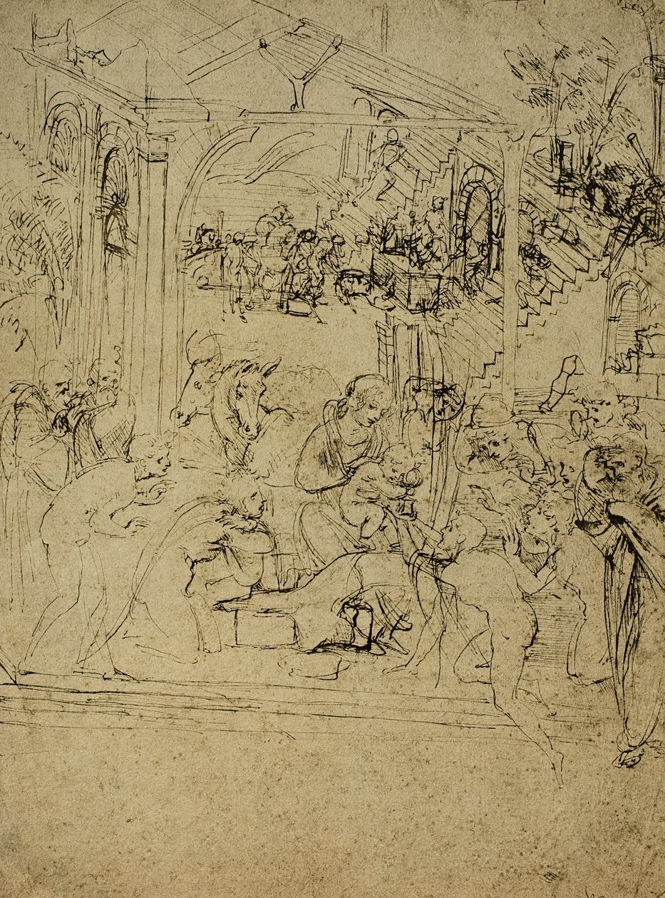 Tutkimus tietäjien palvonnasta; Leonardo da Vincin piirustus. Louvre, Pariisi tekijältä Leonardo da Vinci