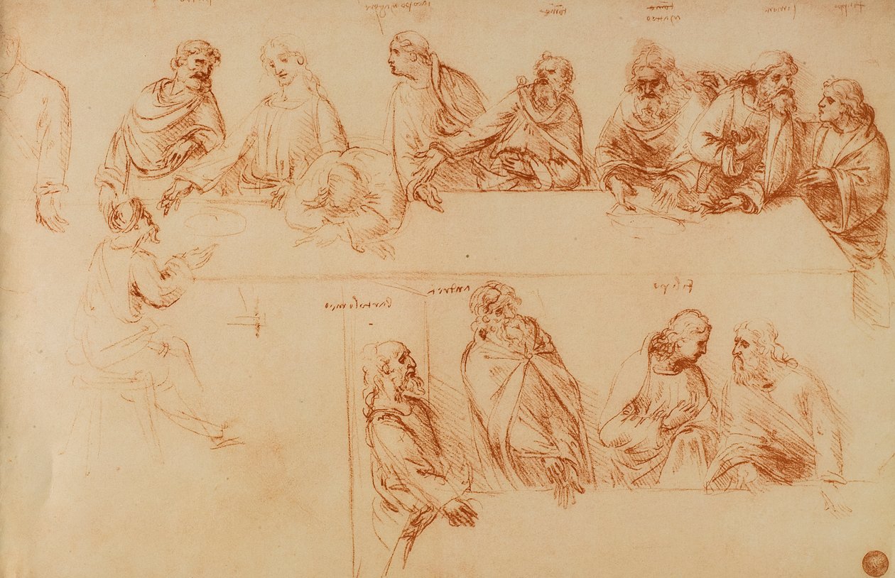 Tutkimus viimeistä ehtoollista varten: Leonardo da Vincin sangviinipiirustus. Gallerie dellAccademia, Venetsia tekijältä Leonardo da Vinci