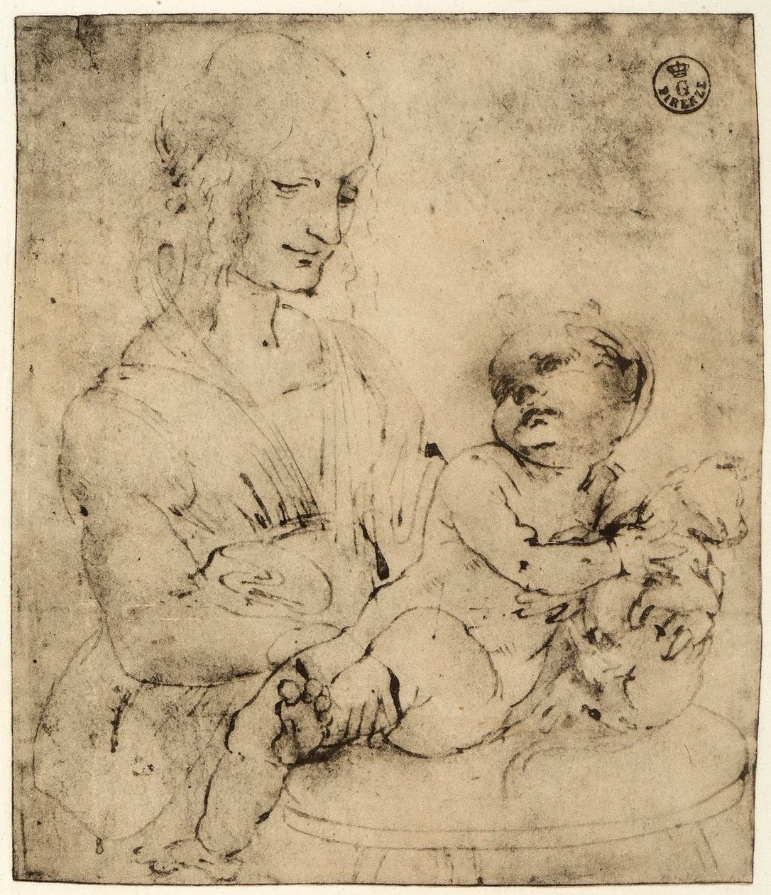Tutkimus Madonnasta ja lapsesta (musta muste paperille) tekijältä Leonardo da Vinci