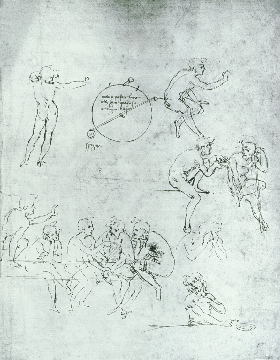 Tutkimus "The Adoration of the Magi" -hahmoista (kynä ja muste paperille) tekijältä Leonardo da Vinci