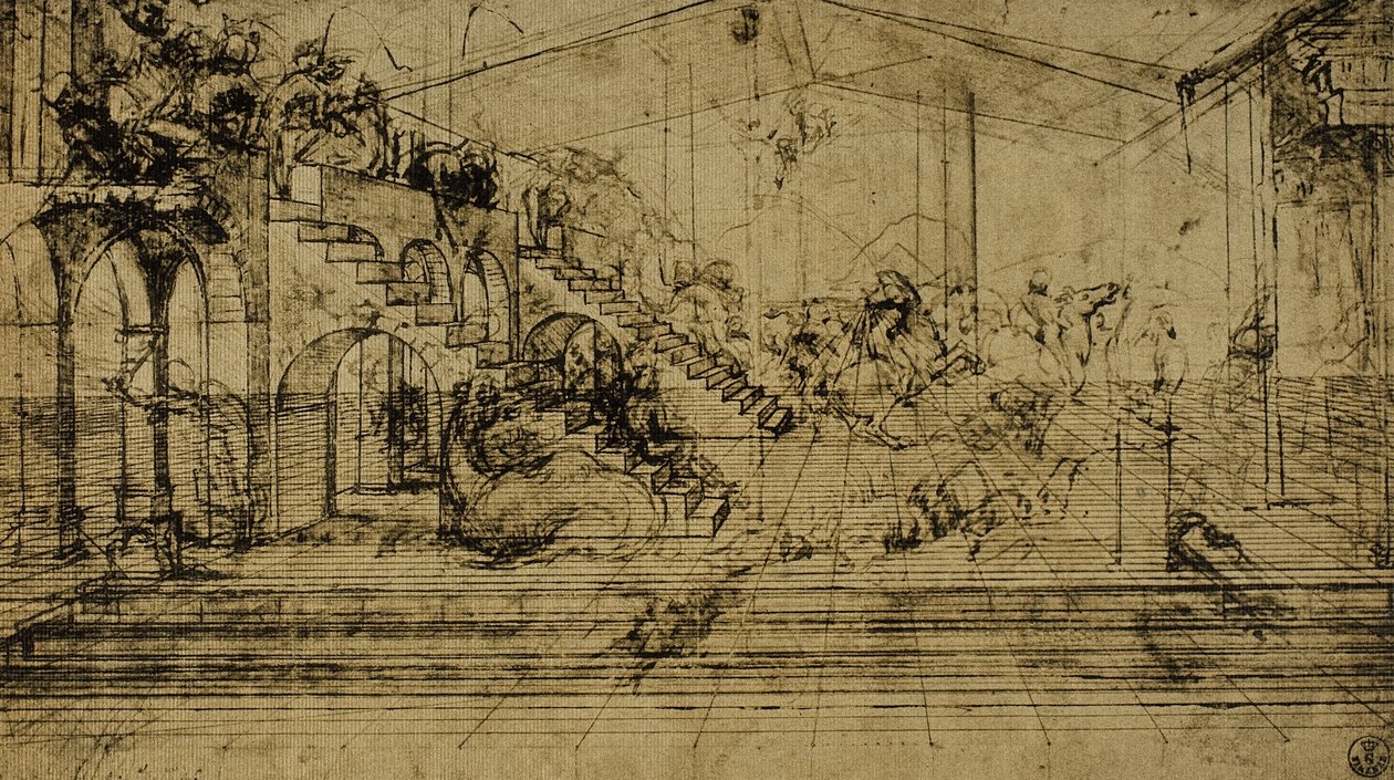 Perspektiivitutkimus, Leonardo da Vincin piirustus. Gabinetto dei Disegni e delle Stampe, Uffizi-galleria, Firenze tekijältä Leonardo da Vinci