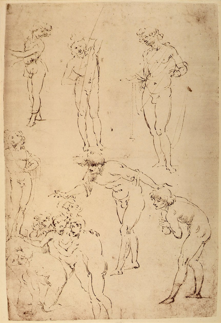Tutkimus paimenista tietäjien palvontaa varten; Leonardo da Vincin kynäpiirros valkoiselle paperille, joka säilytetään Wallraf-Richartz-museossa Kölnissä. tekijältä Leonardo da Vinci