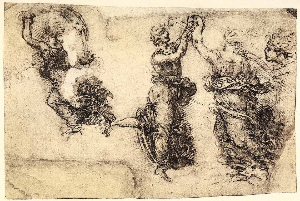 Tutkimus eräistä tanssivista naishahmoista; Leonardo da Vincin kellastama paperille tehty kynäpiirros, jota säilytetään Venetsian Akatemian galleriassa. tekijältä Leonardo da Vinci