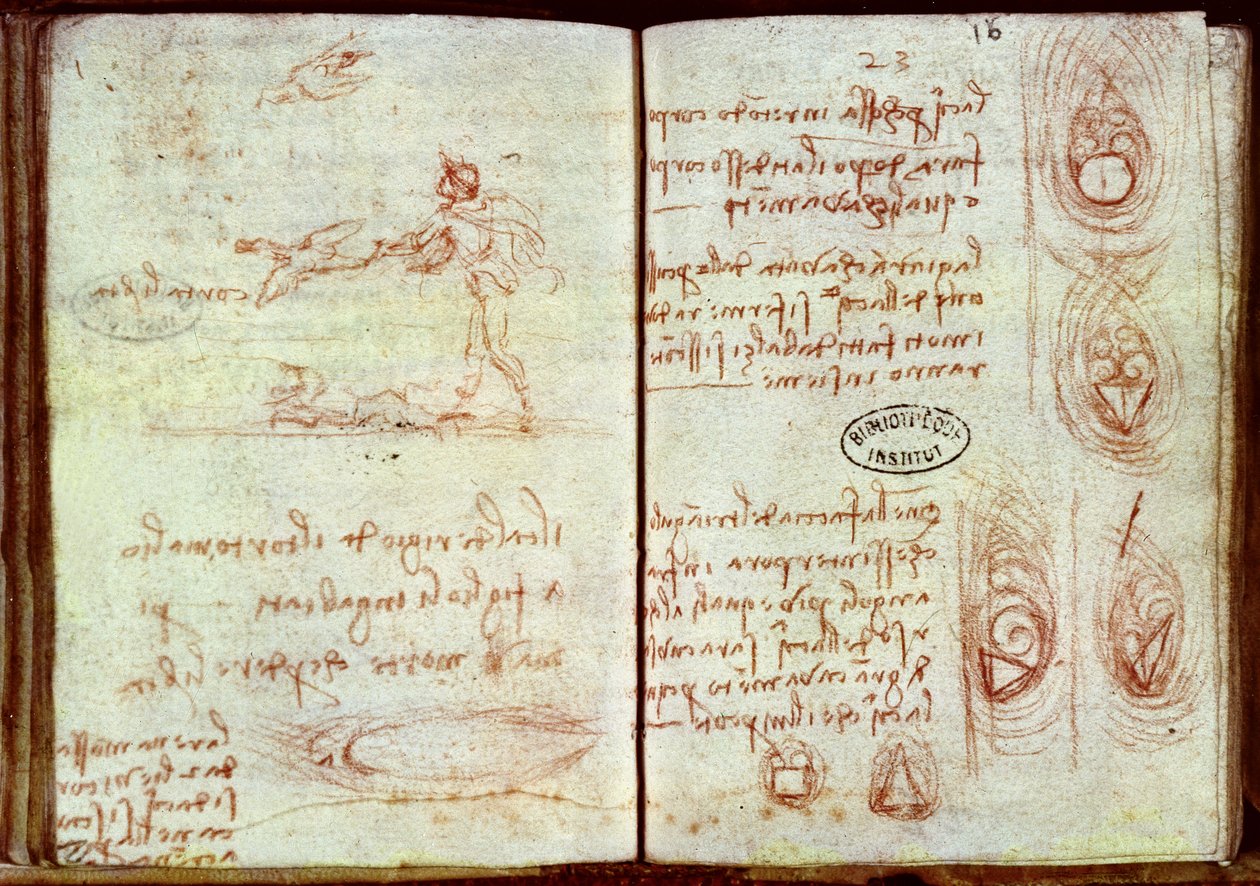 Eri muotoisten aerodynaamisten ominaisuuksien tutkimus miehestä ja kahdesta linnusta, Ms 7 (ruskea liitu paperille) tekijältä Leonardo da Vinci