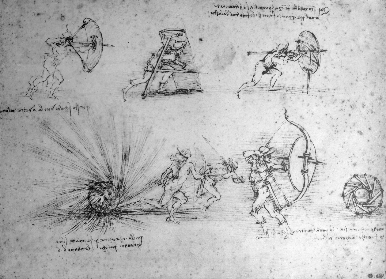 Tutkimus jalkasotilaiden kilpeillä ja räjähtävällä pommilla, n. 1485-1488 (kynä ja muste paperille) tekijältä Leonardo da Vinci
