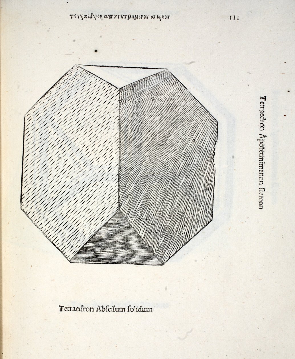 Tetraedron leikattu kiinteä, kuvitus "Divine Proportion" kirjoittaja Luca Pacioli (n. 1445-1517), alunperin pub. Venetsia, 1509 tekijältä Leonardo da Vinci