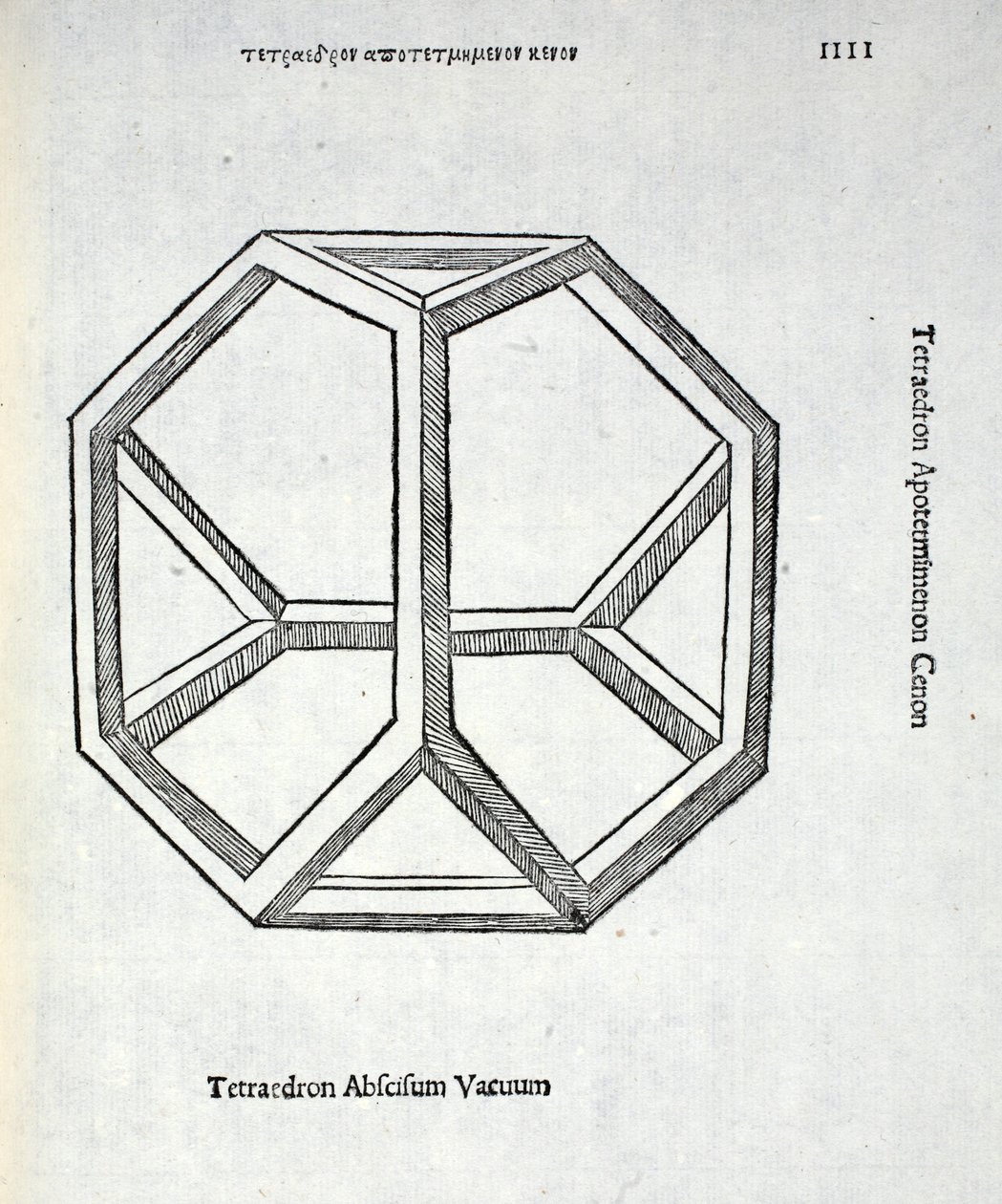 Tetraedron abscisum vacuum, kuvitus Luca Paciolin (n. 1445-1517) teoksesta "Divina Proportione", alun perin julkaistu. Venetsia, 1509 tekijältä Leonardo da Vinci