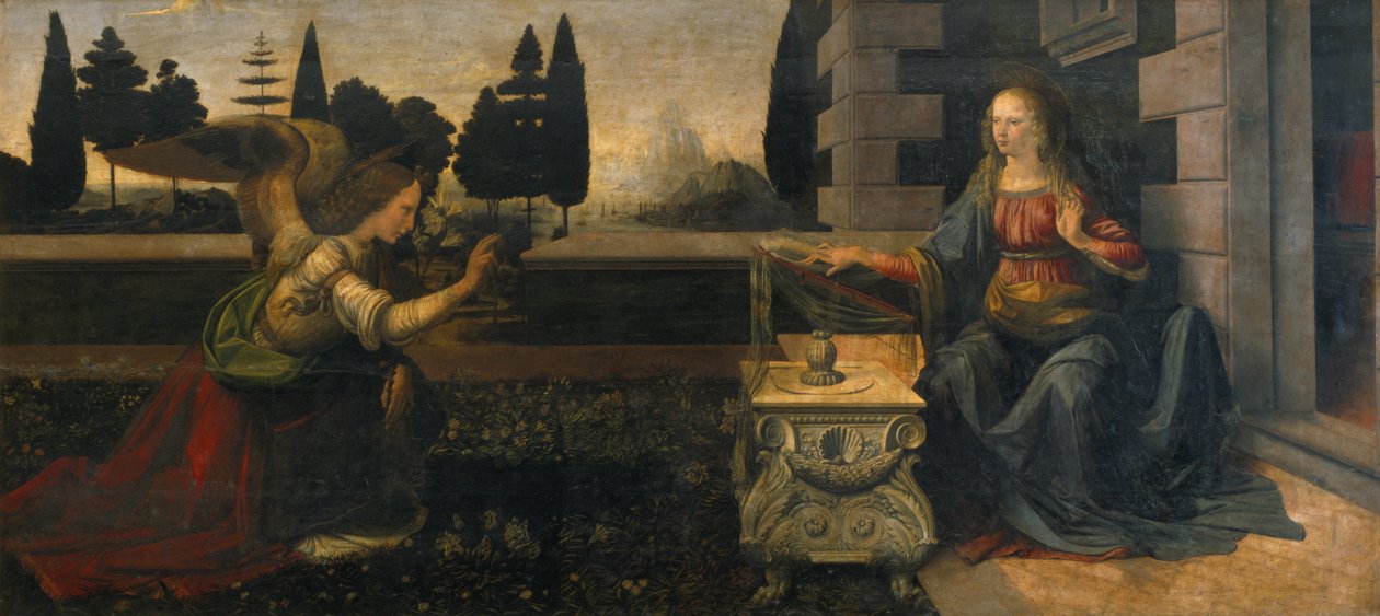 Marian ilmestys, 1472-75 (ennen restaurointia) tekijältä Leonardo da Vinci
