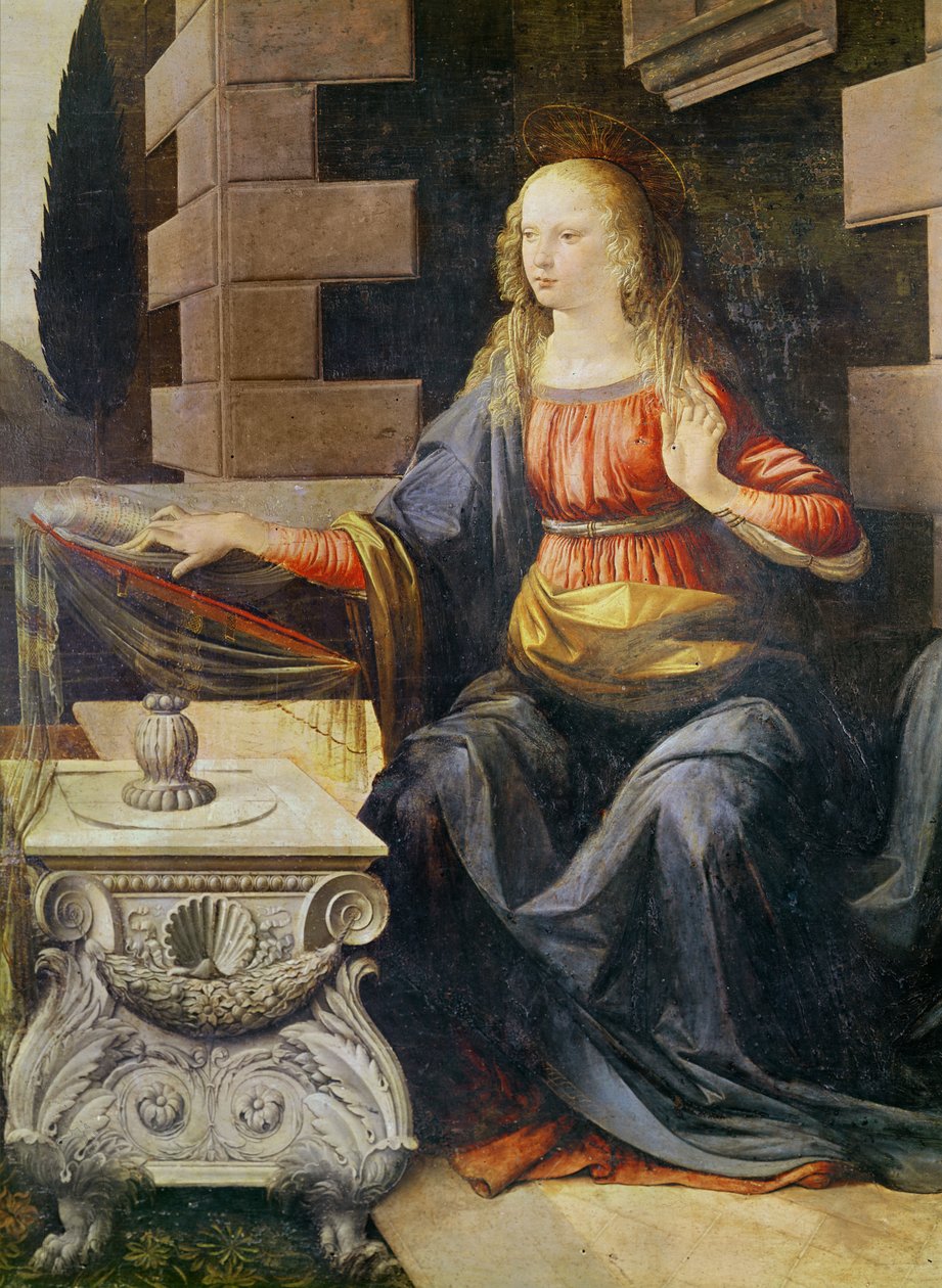 Neitsyen ilmestyspäivän yksityiskohta, n. 1472-1475 öljy puulle tekijältä Leonardo da Vinci