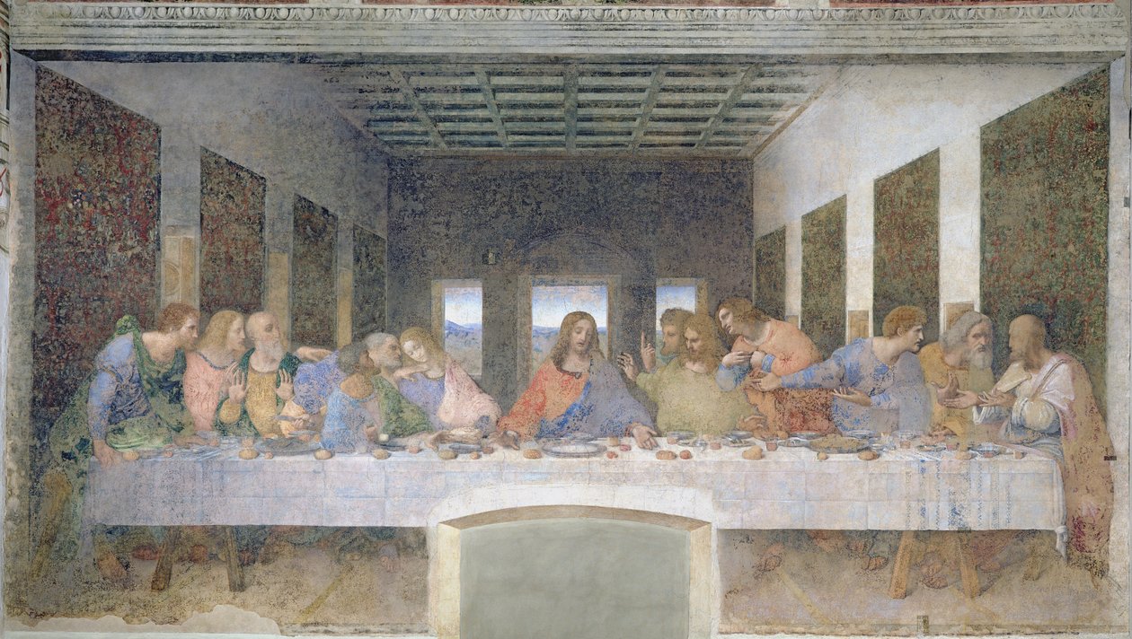 Viimeinen ehtoollinen, 1495-1497 (palautuksen jälkeen) tekijältä Leonardo da Vinci
