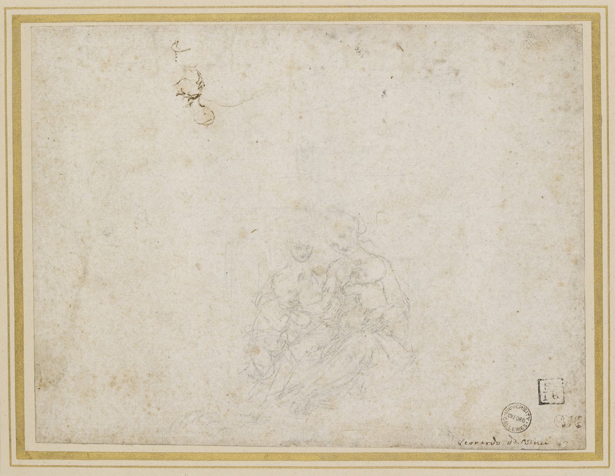 Neitsyen ja lapsen jumaloituminen (lyijykohta painaumien yläpuolella kynällä luonnonvalkoisella paperilla) tekijältä Leonardo da Vinci