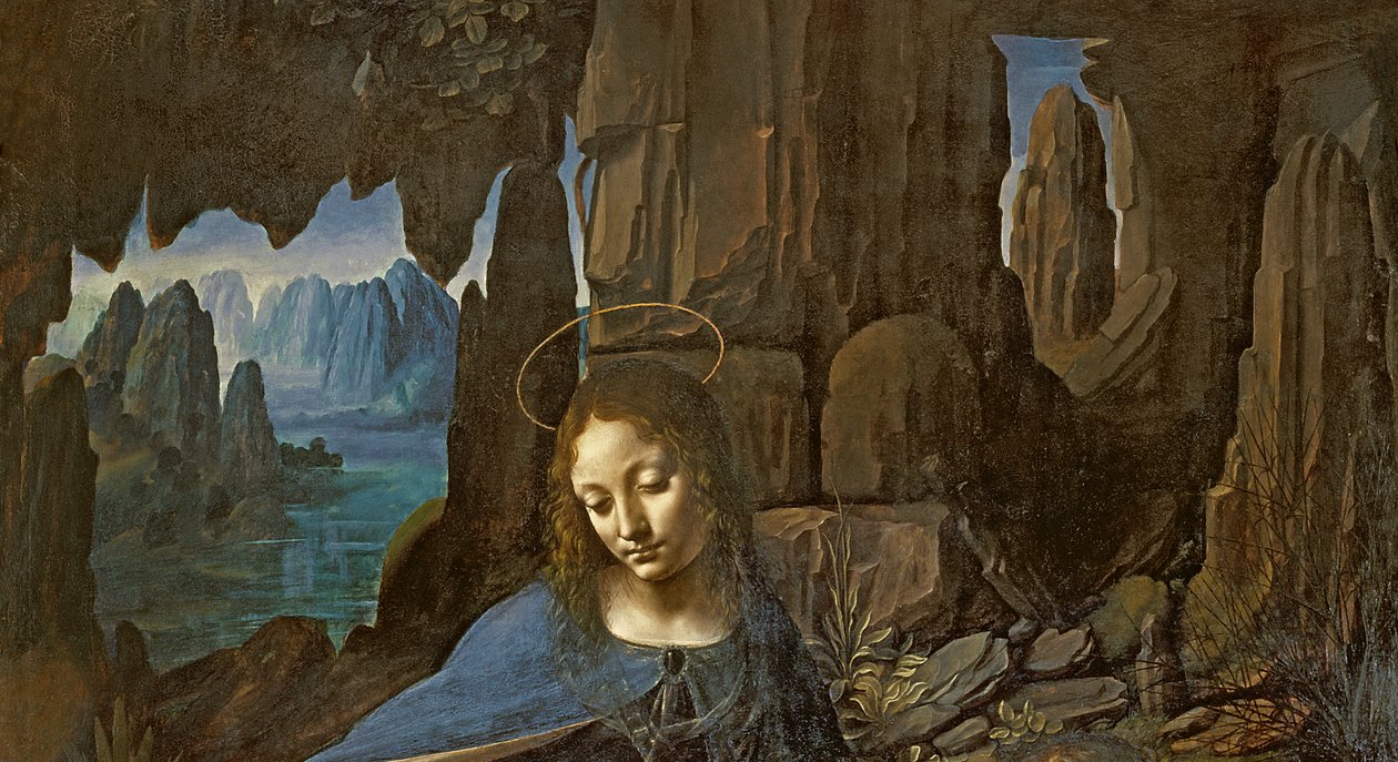 Kivien neitsyt ja Johanneksen vauva jumaloimassa Kristus-vauvaa enkelin seurassa, n. 1508 öljy paneelin yksityiskohdassa 28916 tekijältä Leonardo da Vinci
