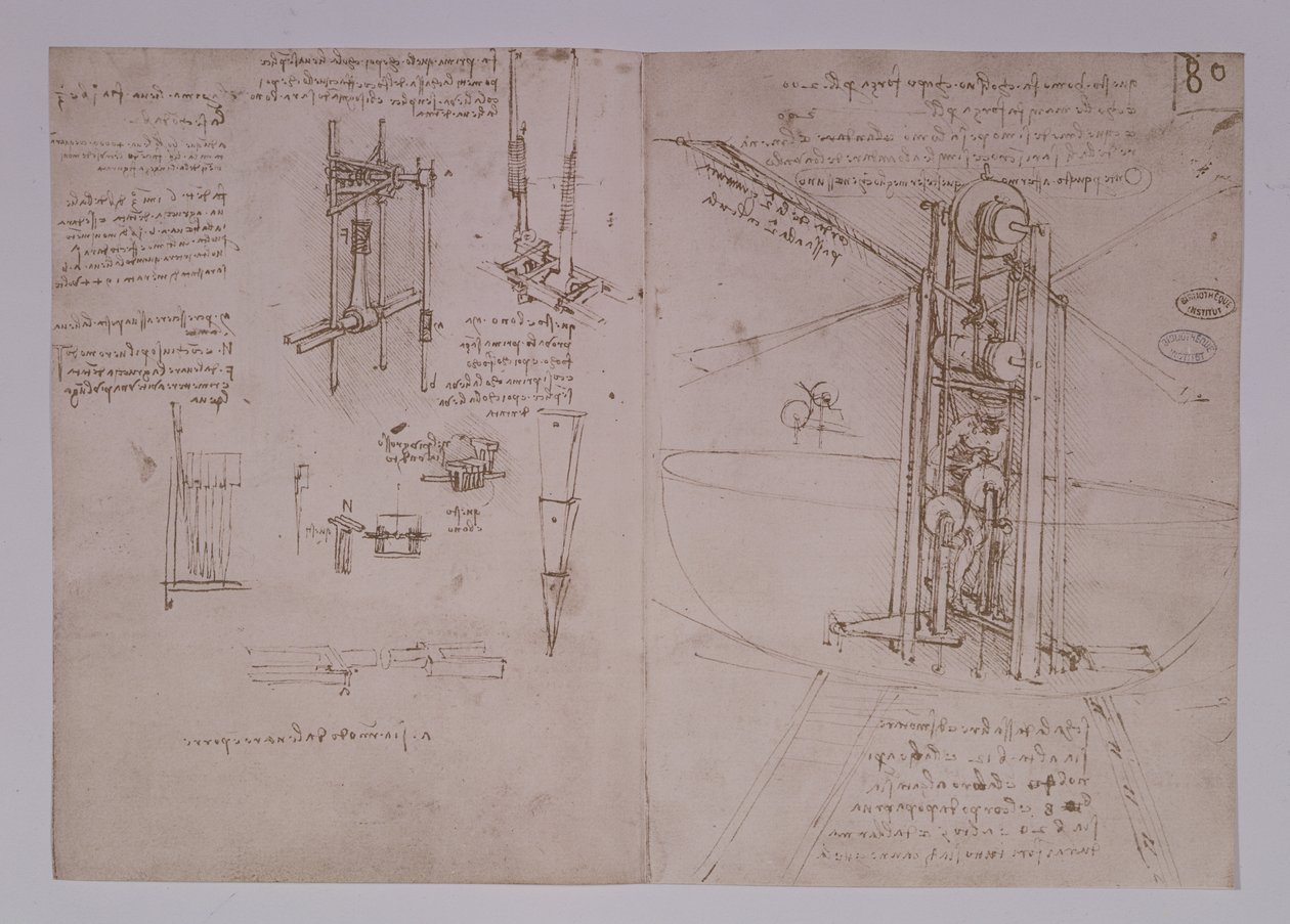 Pystysuorassa seisova linnunsiipinen lentokone, fol. 80r Pariisin käsikirjoituksesta B, 1488-90 (tussi ja muste paperille). tekijältä Leonardo da Vinci