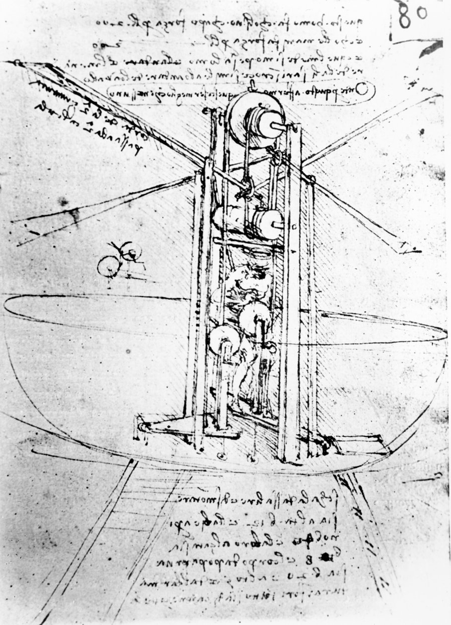 Pystysuorassa seisova linnunsiipinen lentokone, fol. 80r Pariisin käsikirjoituksesta B, 1488-90 (kynä ja muste paperille) tekijältä Leonardo da Vinci