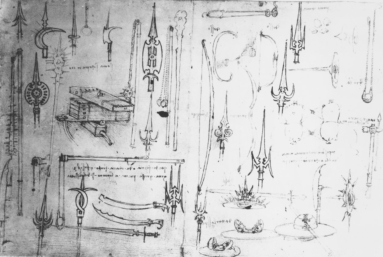 Aseet ja kilvet, n. 1487-88 (metallikärki kynällä ja musteella paperilla) tekijältä Leonardo da Vinci