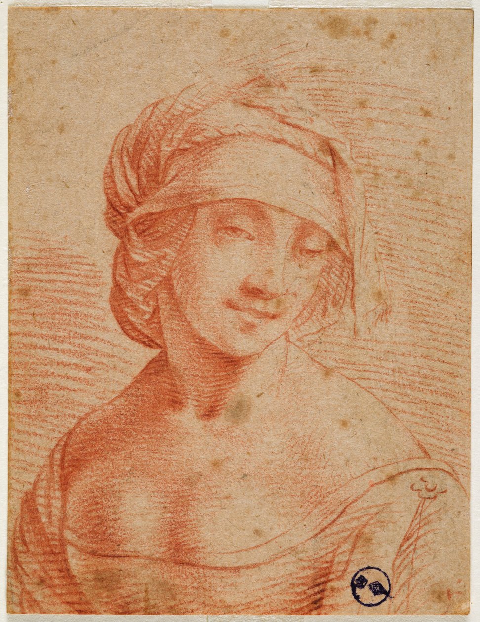 Nuoren naisen rintakuva lippaisella, 1500-luvun ensimmäinen puolisko (verta paperilla) tekijältä Leonardo da follower of Vinci